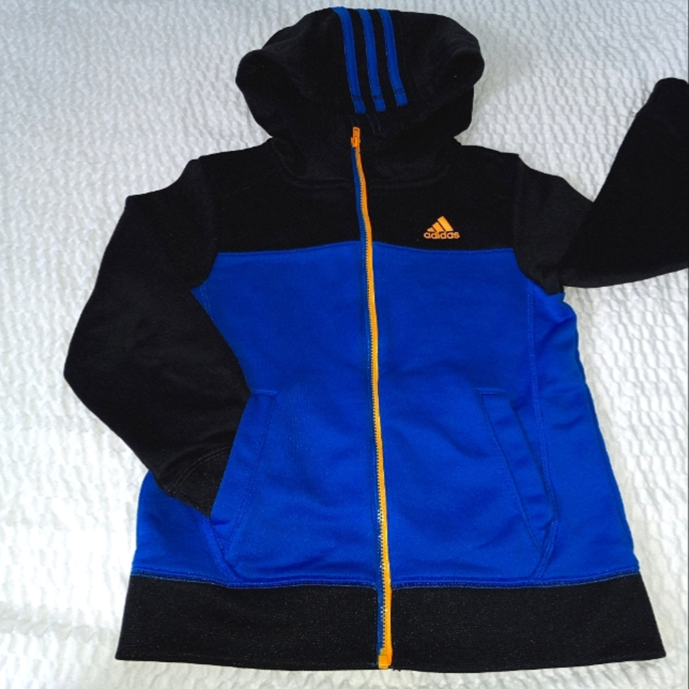 Adidas Climawarm Zip Hoodie, boy size 6, black and royal blue with yellow zip